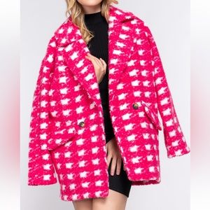 DOUBLE BREASTED CHECK PRINT BOUCLE FLEECE COAT